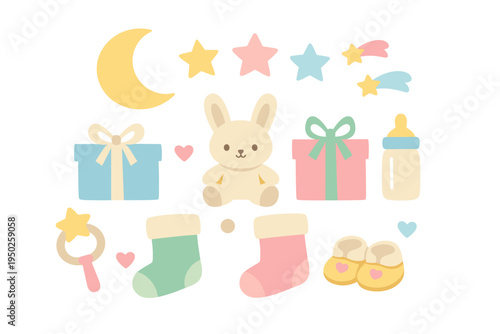 Cute baby items: bunny, stars, gifts, bottle, soothing pastel colors