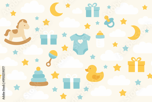 Cute baby pattern with toys, stars, clouds, and gifts for nursery decor