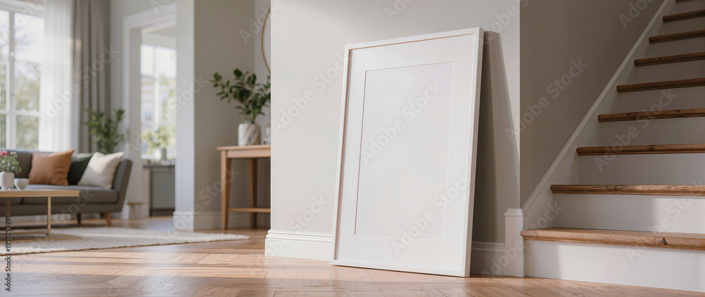 Fototapeta premium Empty poster frame on a wall in a modern minimalist interior near stairs. Perfect for design presentations, banners, advertising, articles, websites, or mockups.