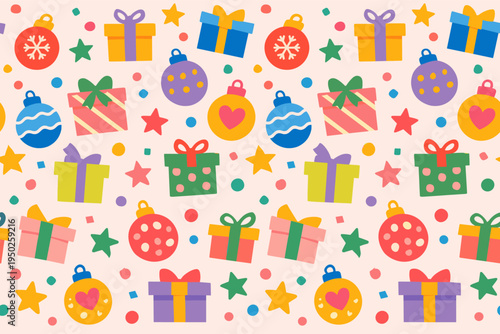 Festive colorful gift and ornament pattern for holiday celebration