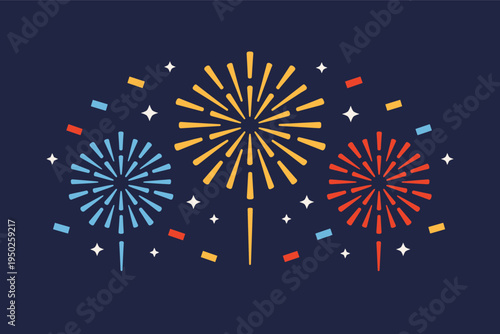 Colorful fireworks display with red, blue, yellow bursts against night sky