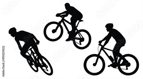 Silhouette of three cyclists riding bicycles in different positions on white background