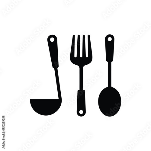 Black silhouette icons depicting a ladle fork and spoon