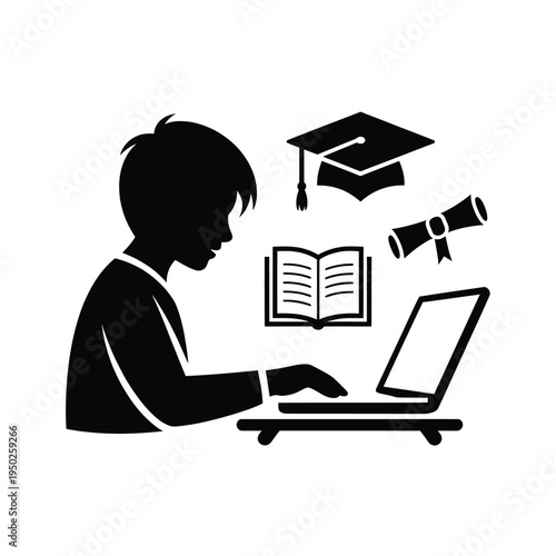Student studying with technology laptop books and graduation symbols