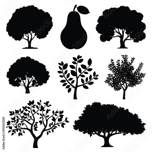 Silhouettes of trees and a pear against a plain white background