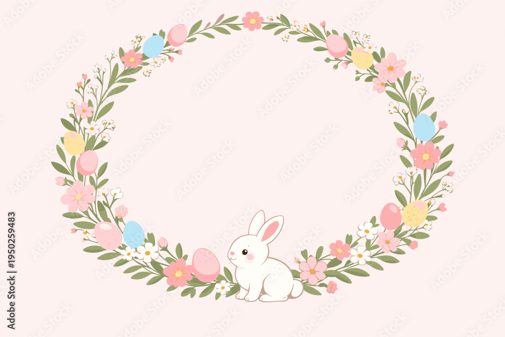 Obraz premium Easter wreath with cute bunny and colorful eggs in floral circle