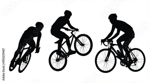 silhouette of three cyclists riding bicycles side by side in different positions