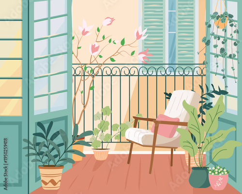 Cozy balcony interior with armchair, blooming magnolia and potted plants. Home balcony garden. Personal space concept. Urban house jungle on cozy terrace, view from room. Flat vector illustration
