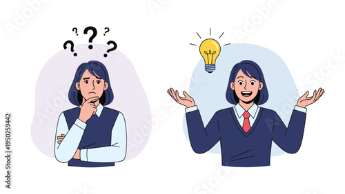 Comparison of a confused student with question marks and an inspired student with a bright lightbulb for a new idea.