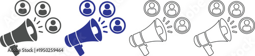Four megaphones with people icons around them in different colors on white background for communication and social media concept