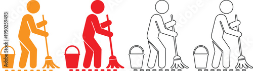 Four stick figures cleaning with brooms and buckets in different colors and poses side by side
