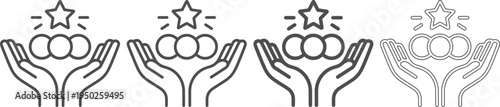 Line drawing of hands holding up ratings with stars above them in a row  various line styles