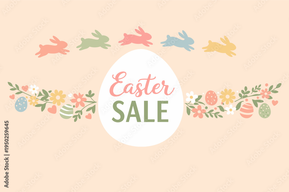 Obraz premium Easter sale banner with colorful bunnies and floral decorations