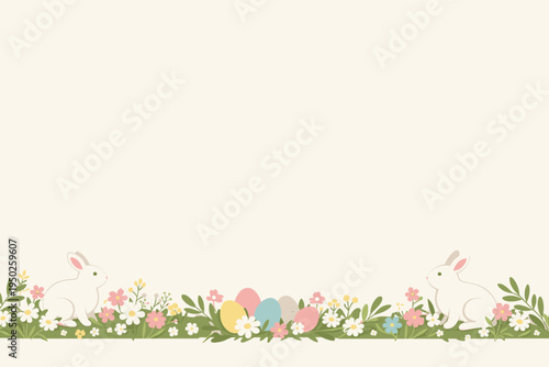 Springtime decoration with bunnies, eggs, and flowers in pastel colors