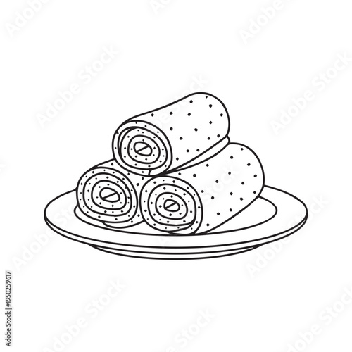 Stack of rolled pancakes crepes on a plate black and white outline vector illustration coloring page
