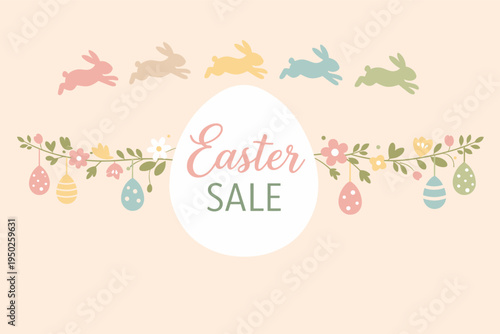 Easter sale banner with decorated eggs and colorful bunny silhouettes
