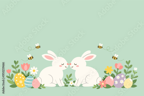 Cute easter bunnies among colorful eggs and spring flowers