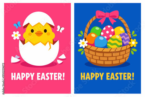 Cute easter chick hatching and eggs in basket on colorful cards