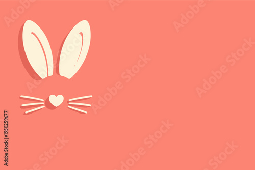 Minimalist bunny face with heart nose on coral background