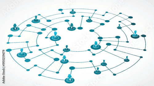 Teal color network connections with people icons in a circular pattern on white background
