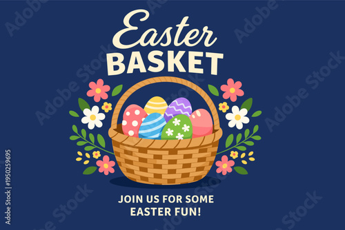 Colorful easter basket with decorated eggs and floral design on blue background