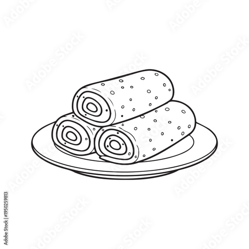Stack of rolled pancakes crepes on a plate black and white outline vector illustration coloring page
