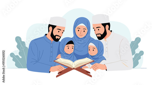Muslim family with two children reading the holy Quran together to show religious education and family bonding.