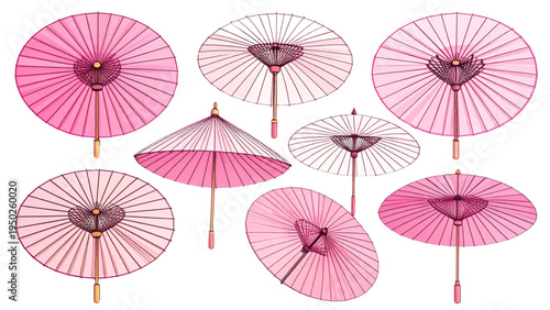 Set of Minimalist Japanese Paper Umbrellas Line Art with Pink Color Accent, Hand Drawn Asian Culture Illustration