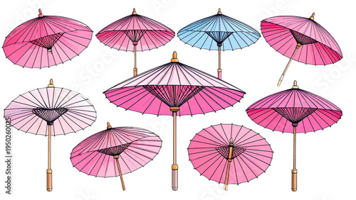 Set of Minimalist Japanese Paper Umbrellas Line Art with Pink Color Accent, Hand Drawn Asian Culture Illustration