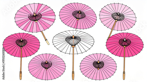 Set of Minimalist Japanese Paper Umbrellas Line Art with Pink Color Accent, Hand Drawn Asian Culture Illustration