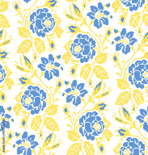 Seamless Ukrainian embroidery vector pattern with traditional vyshyvanka floral ornament. Yellow and blue flowers with decorative branches and leaves