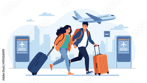 Happy couple with suitcases running through an airport terminal to catch their flight for a summer vacation trip.