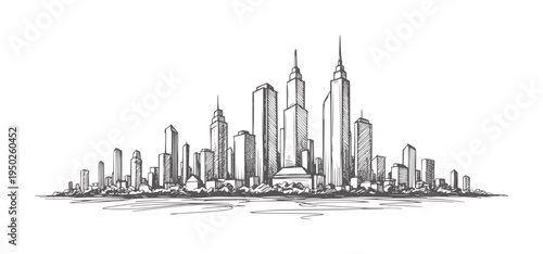 Hand drawn of a dense city skyline with varied skyscrapers buildings architecture