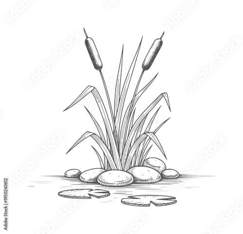 Of cattails growing from pebbles in water with lily pads reeds bulrush plant nature