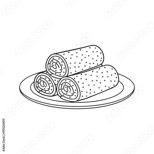 Stack of rolled pancakes crepes on a plate black and white outline vector illustration coloring page

