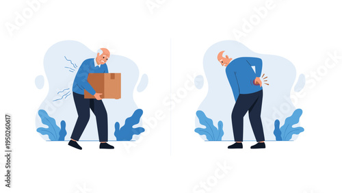 Elderly man experiencing severe back pain while lifting a heavy cardboard box and standing in pain afterwards.