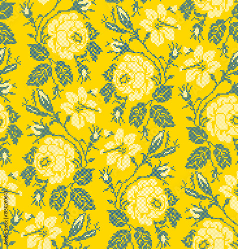Seamless Ukrainian embroidery vector pattern with traditional vyshyvanka floral ornament. Yellow and blue flowers with decorative branches and leaves