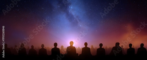 Wallpaper Mural Group mindfulness embraces peace and connection beneath glowing celestial light for harmony Torontodigital.ca