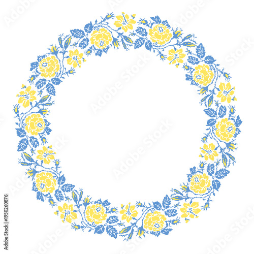 Ukrainian embroidery floral wreath vector illustration inspired by traditional vyshyvanka ornament. Decorative circular frame with yellow roses, branches and leaves created in cross stitch