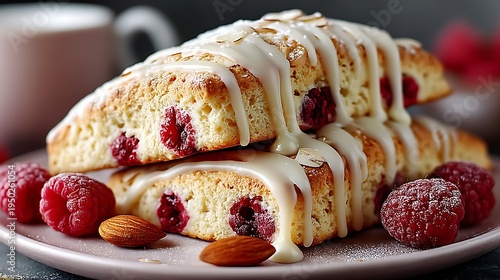 Delicious baked raspberry almond scones drizzled with white icing, a sweet treat perfect for breakfast or afternoon tea