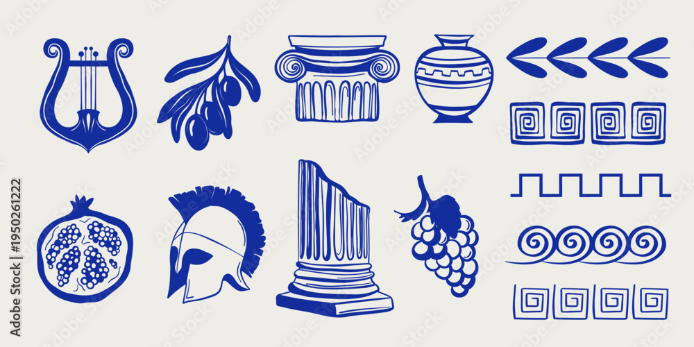 Naklejka premium Hand drawn mediterranean Greece set with bohemian silhouette, antique helmet and decorative ornaments. Vector illustration.