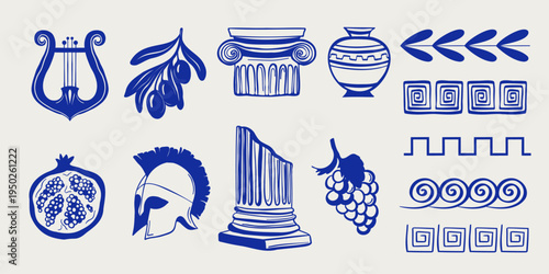 Hand drawn mediterranean Greece set with bohemian silhouette, antique helmet and decorative ornaments. Vector illustration.