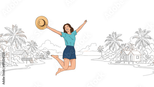 Joyful woman jumping with excitement on a tropical beach with palm trees and houses in the coastal background.