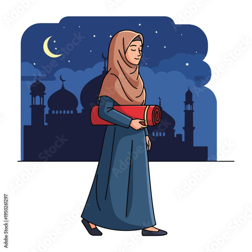 Woman wearing hijab walking in front of mosque at night