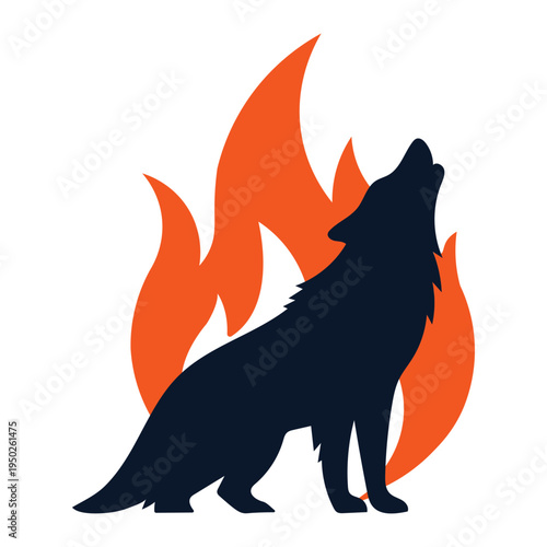 Black silhouette wolf howling at fire flames isolated on white background