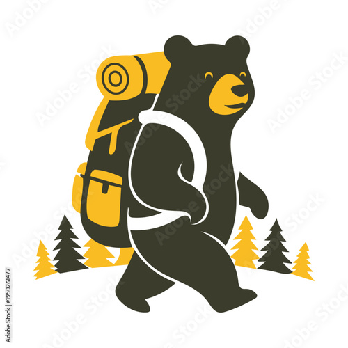 Brown bear with yellow backpack walking in forest with trees