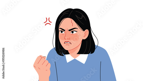 Furious young woman with an angry facial expression and a red vein on her forehead showing intense temper and rage.