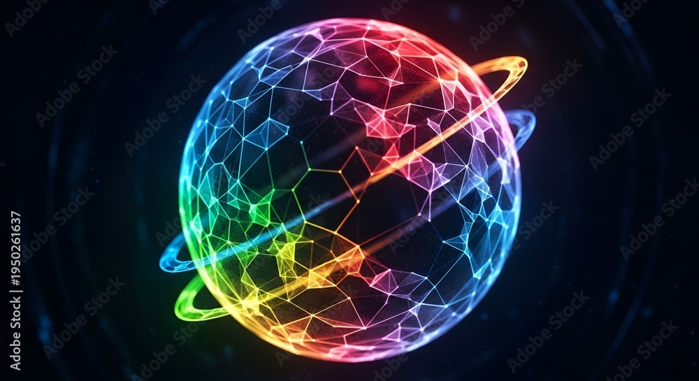 Naklejka premium Abstract glowing sphere with network grid and rings in rainbow colors on dark background