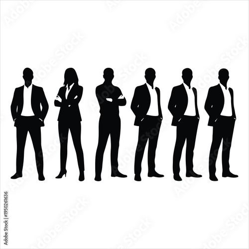 A professional vector illustration featuring a group of business people silhouettes with a businessman and businesswoman in suits standing among a diverse crowd of friends and teammates.