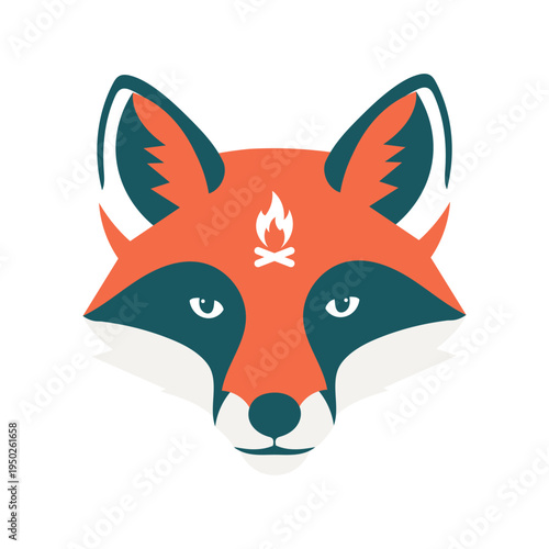 Vibrant orange fox head with teal accents and white flame symbol isolated on white background